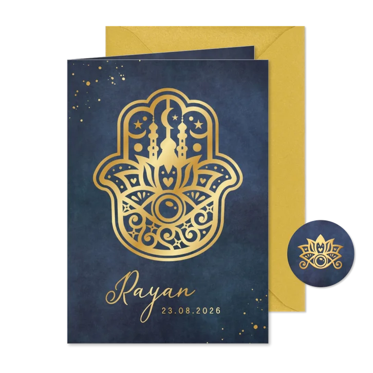 Islamitisch geboortekaratje jongen - Khamsa hand goud