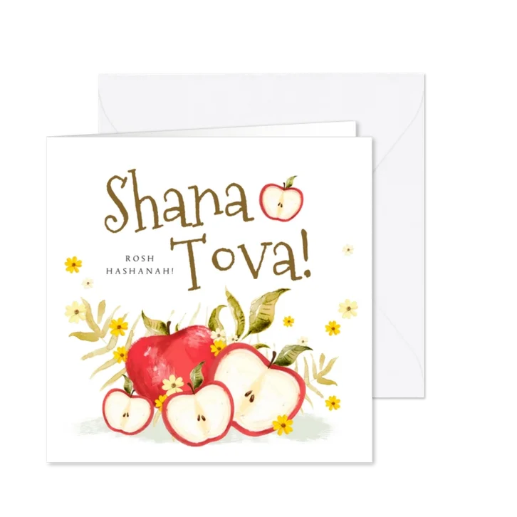 Joods nieuwjaarskaart met appels en kleine bloemen