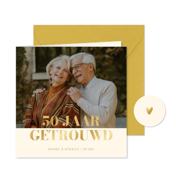 Jubileum fotokaart uitnodiging met goudfolie