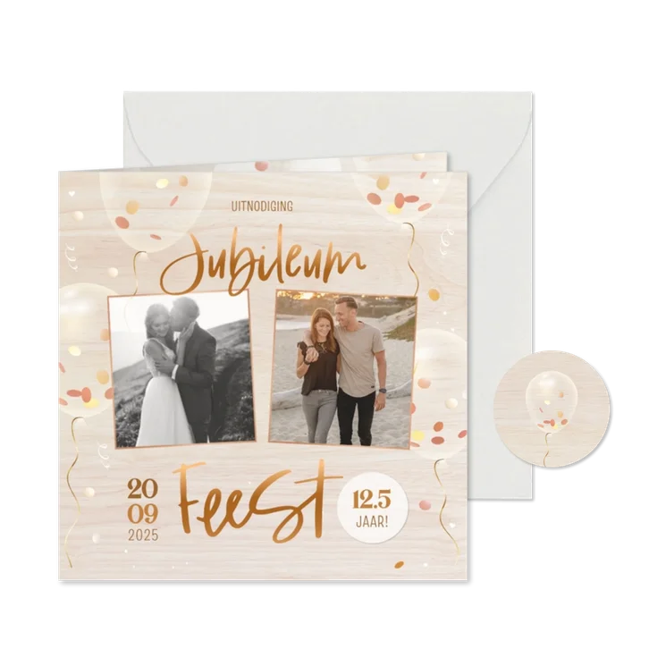 Jubileum houtlook eigen foto's met confetti 3d ballonnen