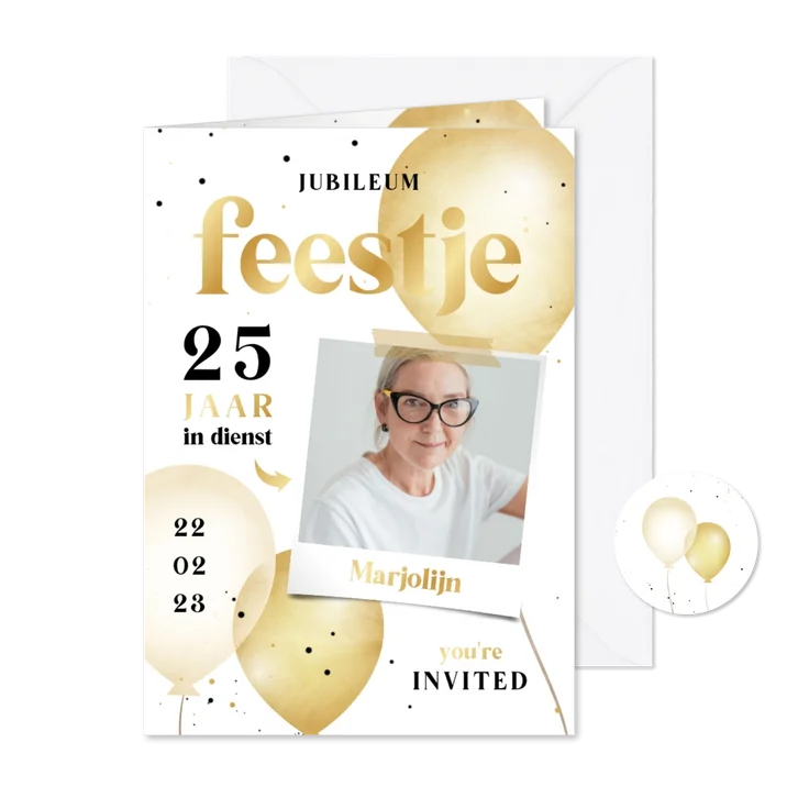 Jubileum medewerker zwart wit goud met ballonnen 