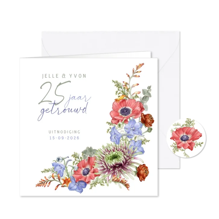 Jubileum trouwen kaart met stijlvol kleurige bloemen
