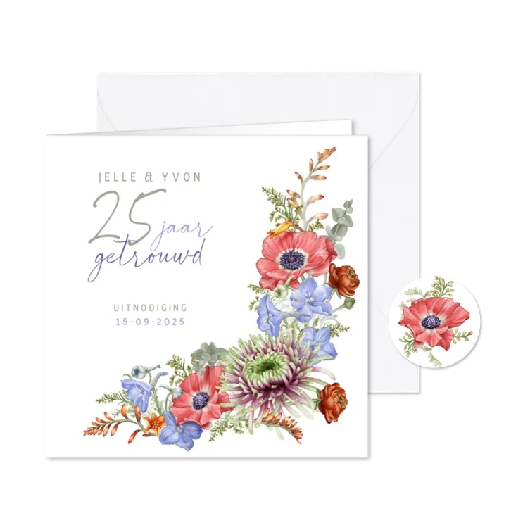 Jubileum trouwen kaart met stijlvol kleurige bloemen