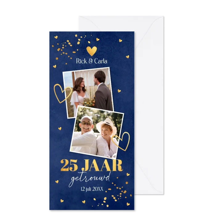 Jubileum uitnodiging 25 jaar getrouwd foto blauw goudlook