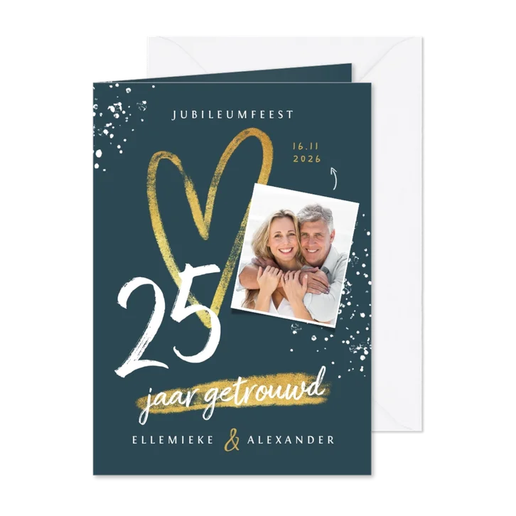 Jubileum uitnodiging 25 jaar getrouwd hartje foto spetters