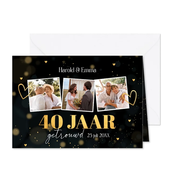 Jubileum uitnodiging 40 jaar getrouwd zwart goud fotocollage