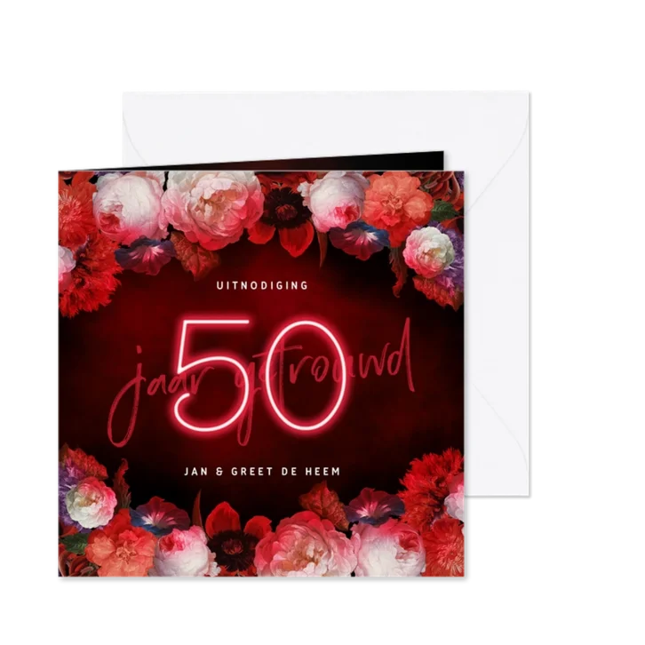 Jubileum uitnodiging 50 jaar bloemen en neon