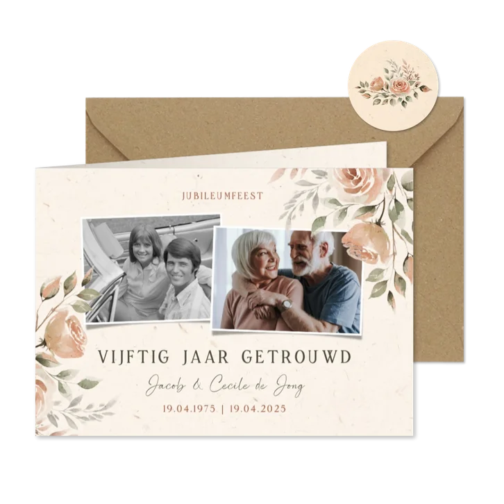 Jubileum uitnodiging 50 jaar fotocollage met bloemen 