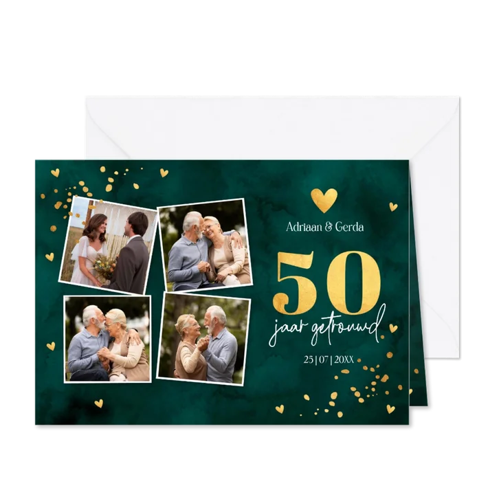 Jubileum uitnodiging 50 jaar getrouwd fotocollage groen goud