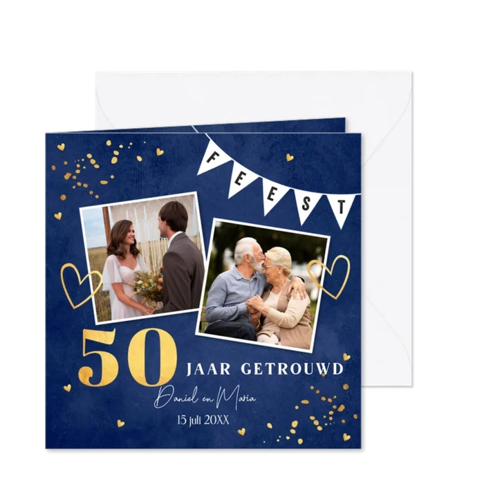 Jubileum uitnodiging 50 jaar getrouwd met foto blauw goud