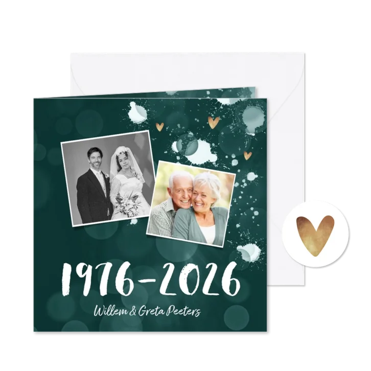 Jubileum uitnodiging 50 jaar spetters gouden hartjes