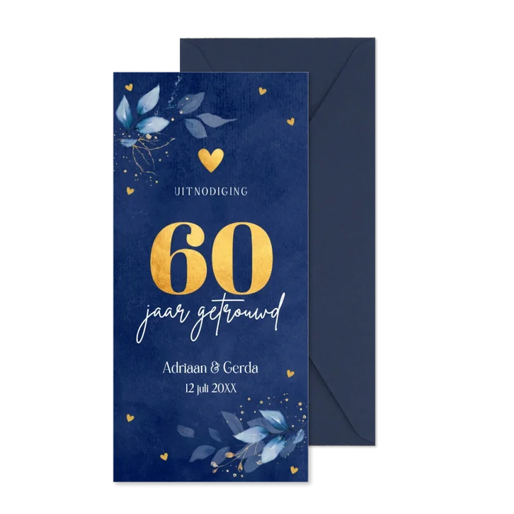 Jubileum uitnodiging 60 jaar getrouwd blauw botanisch