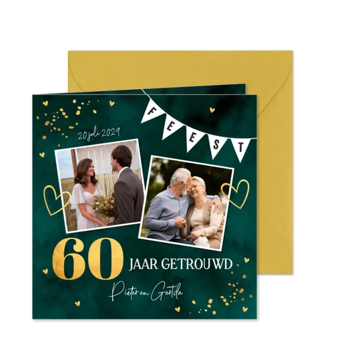 Jubileum uitnodiging 60 jaar getrouwd foto groen goudlook