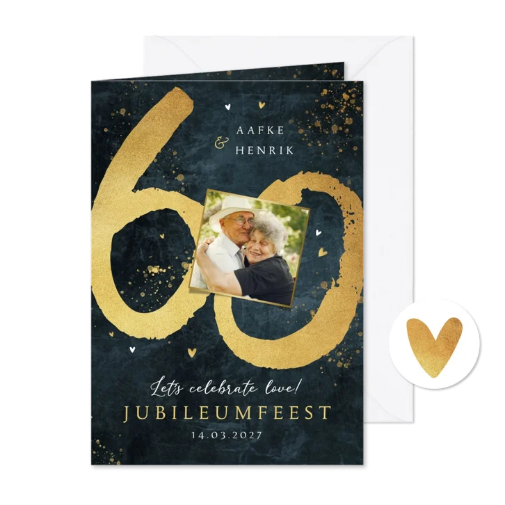Jubileum uitnodiging 60 jaar getrouwd goud blauw