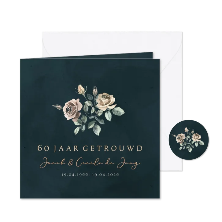Jubileum uitnodiging 60 jaar getrouwd klassiek met bloemen