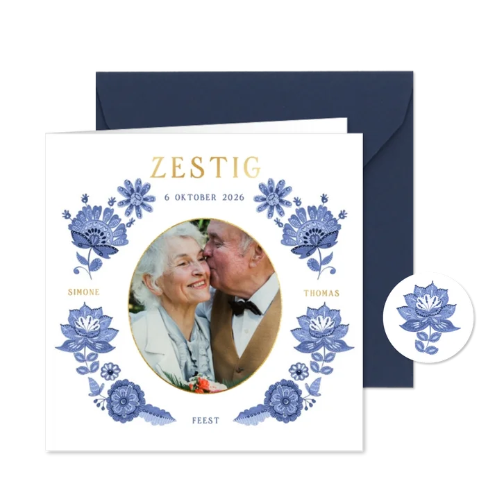 Jubileum uitnodiging bloemen Delfts blauw tegeltje