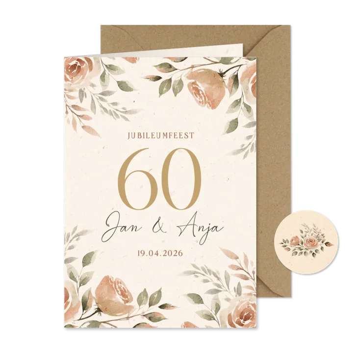 Jubileum uitnodiging bloemen kader 60 jaar getrouwd klassiek