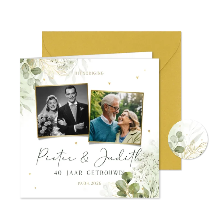 Jubileum uitnodiging botanische takjes met 2 foto's