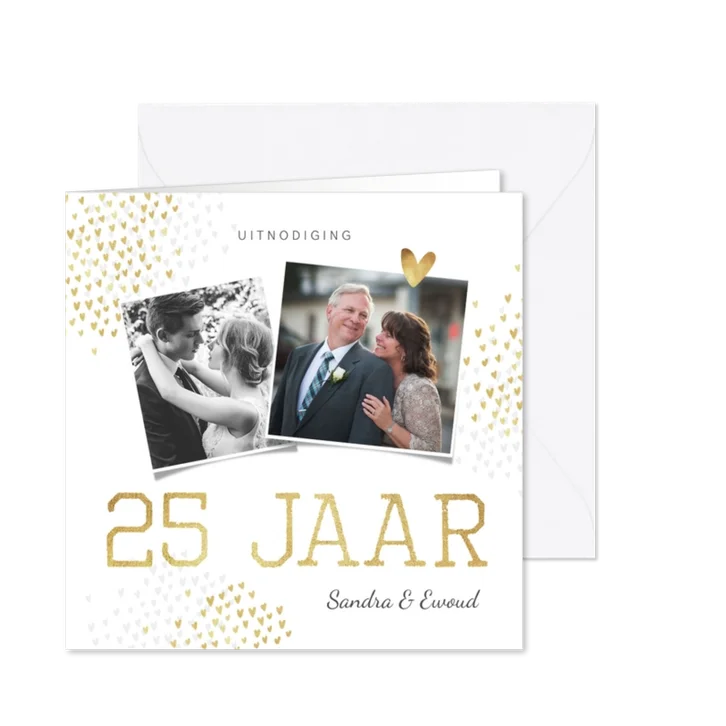 Jubileum uitnodiging goud hartjes stijlvol foto's