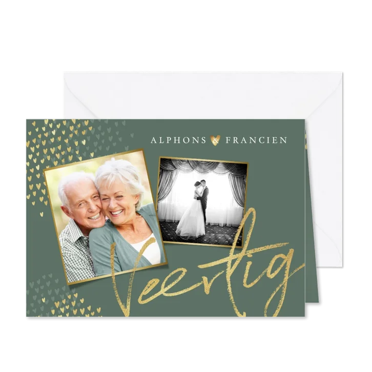 Jubileum uitnodiging goud stijlvol hartjes groen foto's