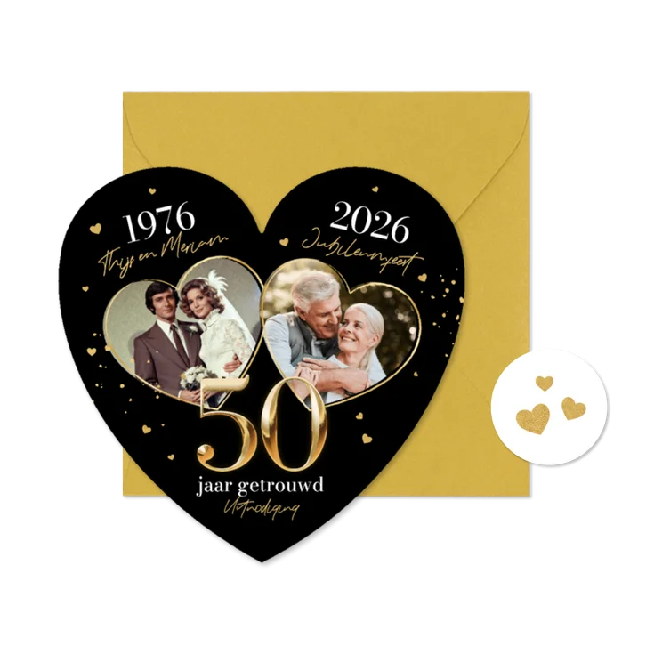 Jubileum uitnodiging hartvorm liefde gouden huwelijk foto's