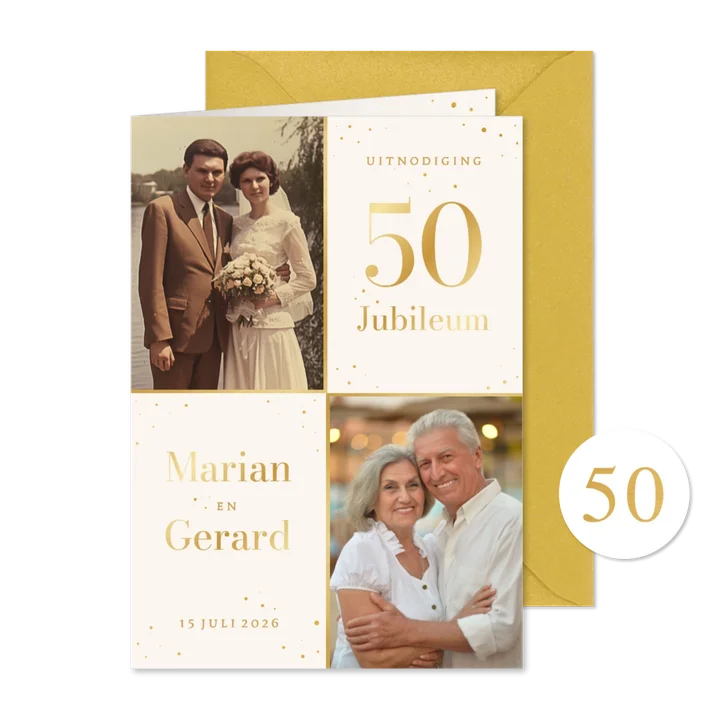 Jubileum uitnodiging met foto's en gouden spetters 50