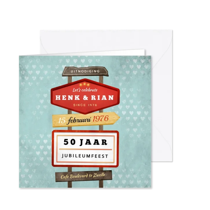 Jubileum uitnodiging retro vintage wegwijzers met hartjes