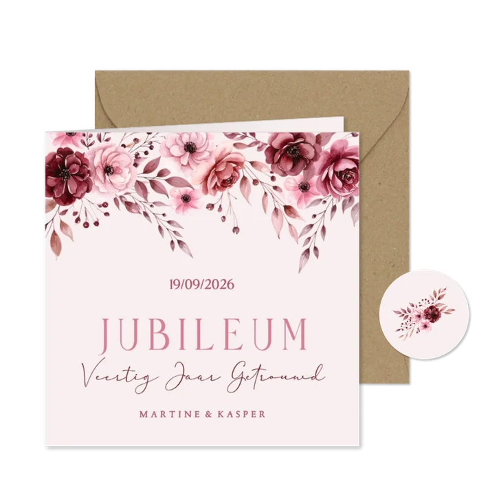 Jubileum uitnodiging roze met aquarel bloemetjes