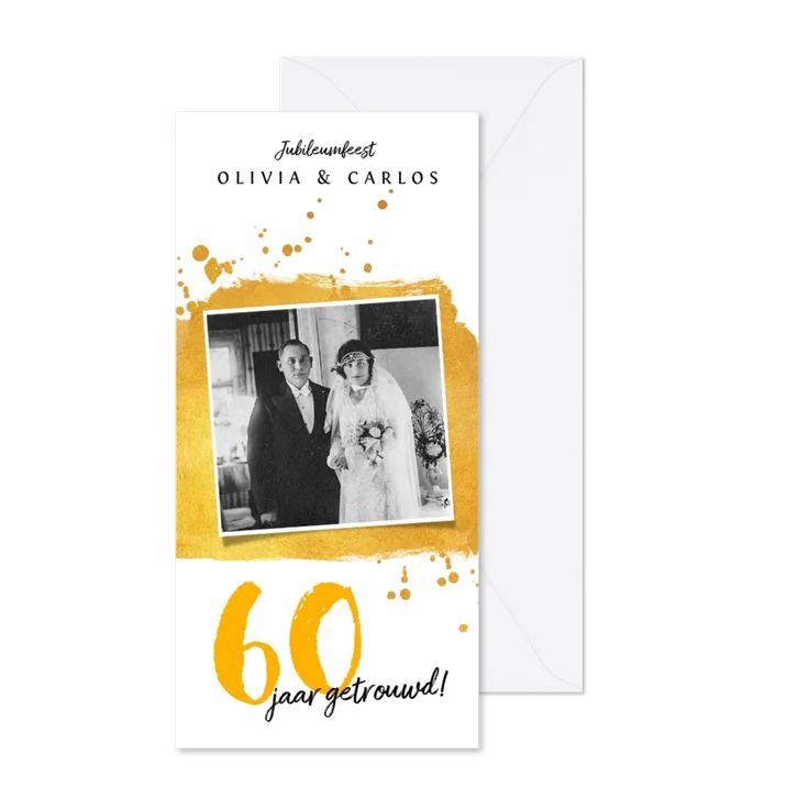Jubileum uitnodiging stijlvol met goud en eigen foto