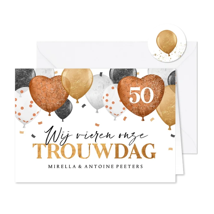 Jubileum uitnodiging trouwdag goud ballonnen confetti