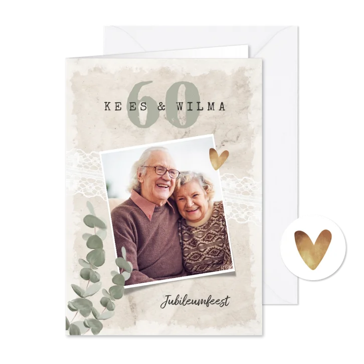 Jubileum uitnodiging vintage kant eucalyptus goud