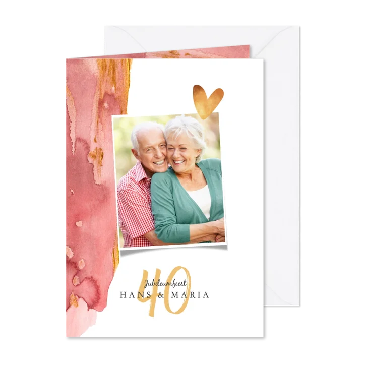 Jubileum uitnodiging waterverf met goud, foto en hartje