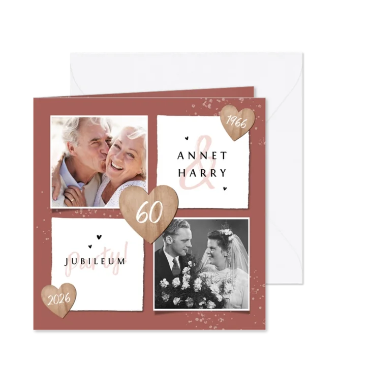 Jubileum uitnodigingskaart foto hartje hout