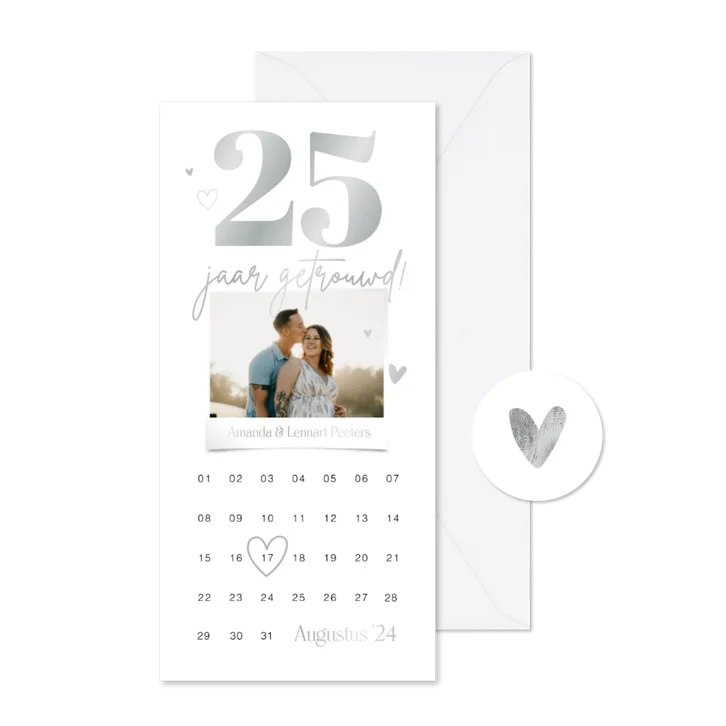 Jubileumfeest 25 jaar getrouwd zilver foto hartjes kalender