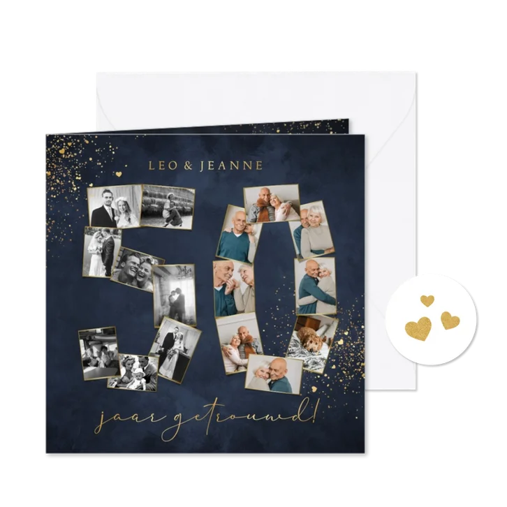 Jubileumfeest 50 fotocollage gouden huwelijk hartjes