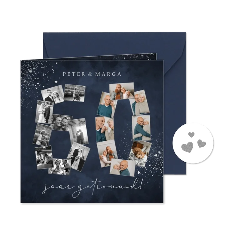 Jubileumfeest 60 fotocollage diamant zilveren hartjes