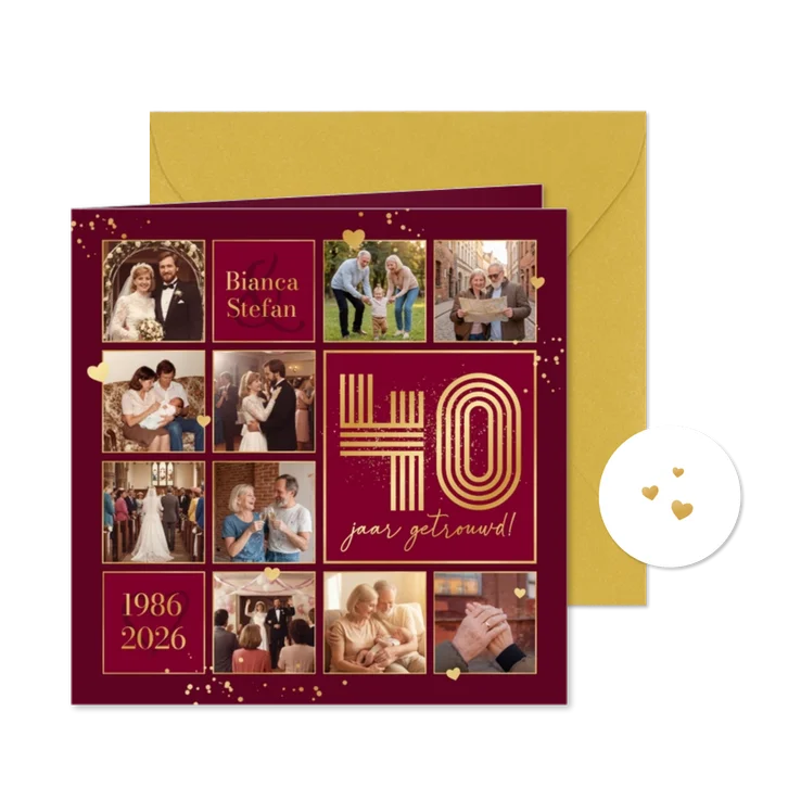 Jubileumfeest fotocollage uitnodiging liefde hartjes robijn