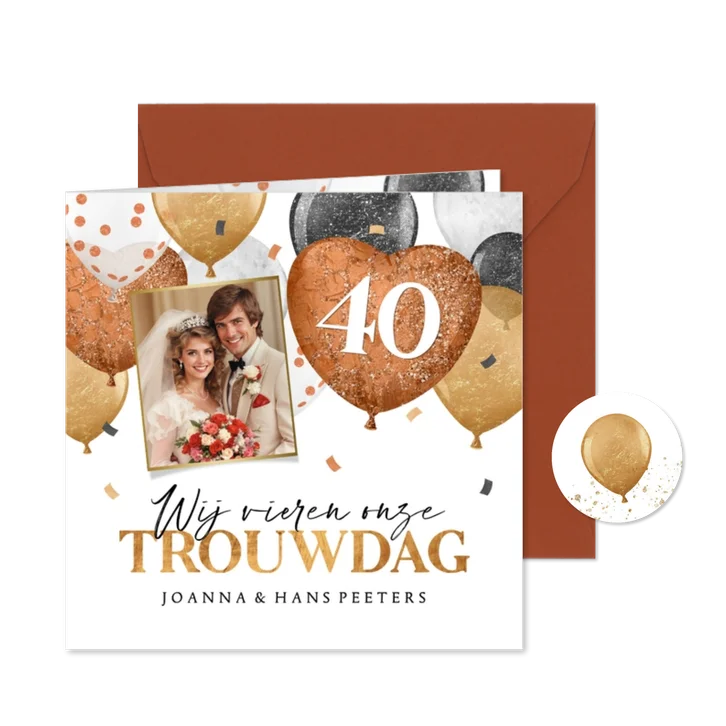 Jubileumfeest uitnodiging ballonnen confetti goud koper