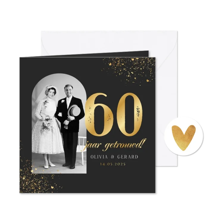 Jubileumfeest uitnodiging goud 60 jaar getrouwd foto hartjes