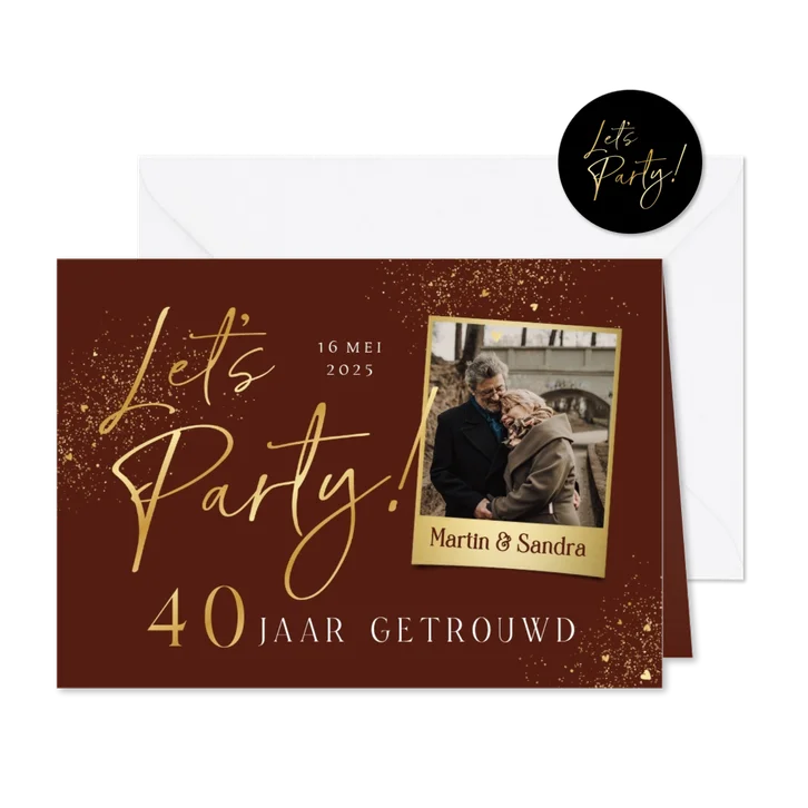 Jubileumfeest uitnodiging goud let's party 40 foto hartjes