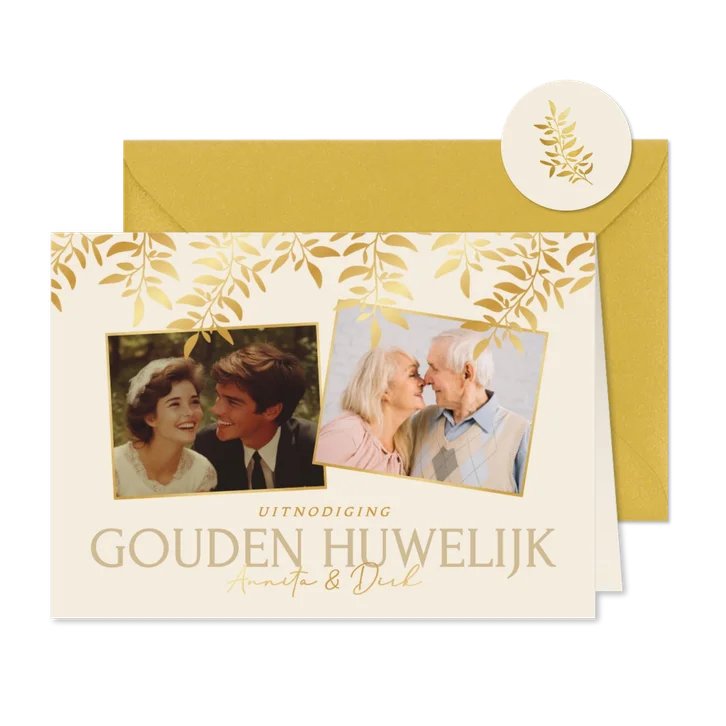 Jubileumfeest uitnodiging met goudfolie takjes en foto's