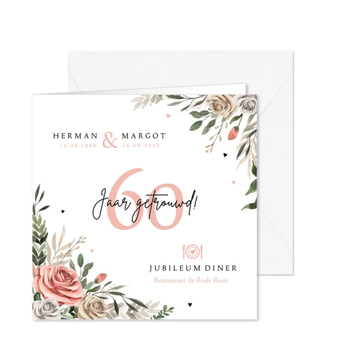 Jubileumfeest uitnodiging vintage bloemen hartjes diner