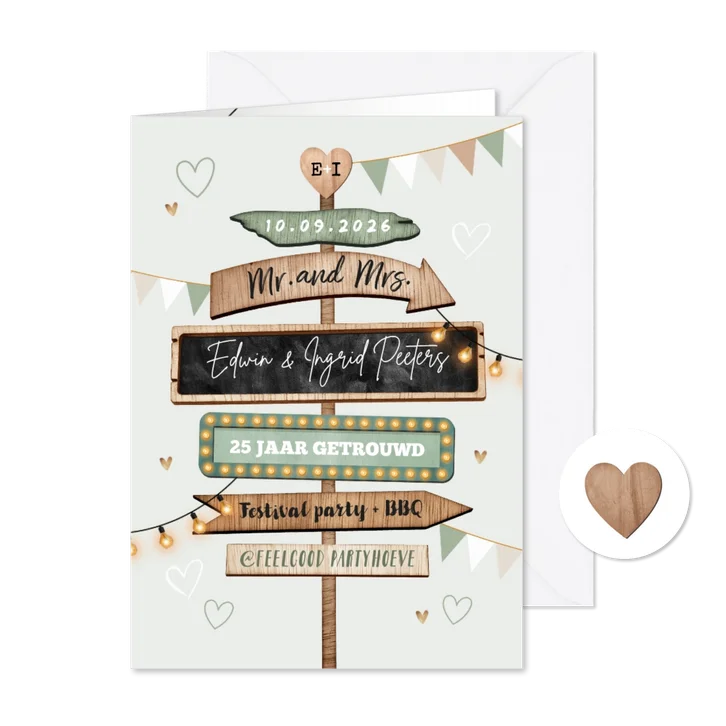 Jubileumfeest wegwijzers festival tuinfeest hout hartjes