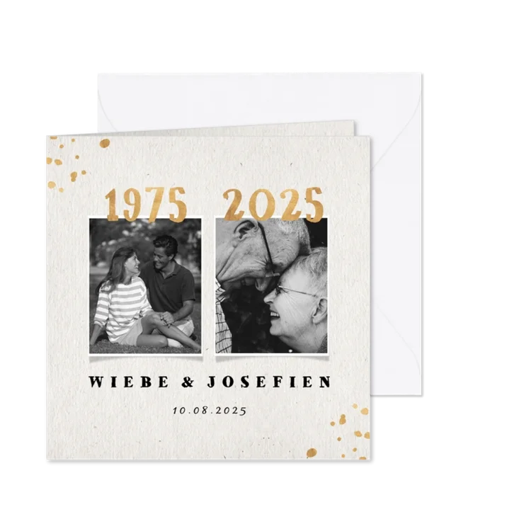 Jubileumkaart 1975 met gouden spetters en foto's