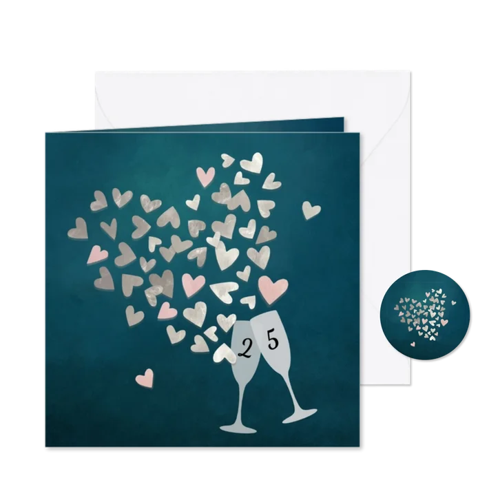 Jubileumkaart 25 jaar zilveren hartjes