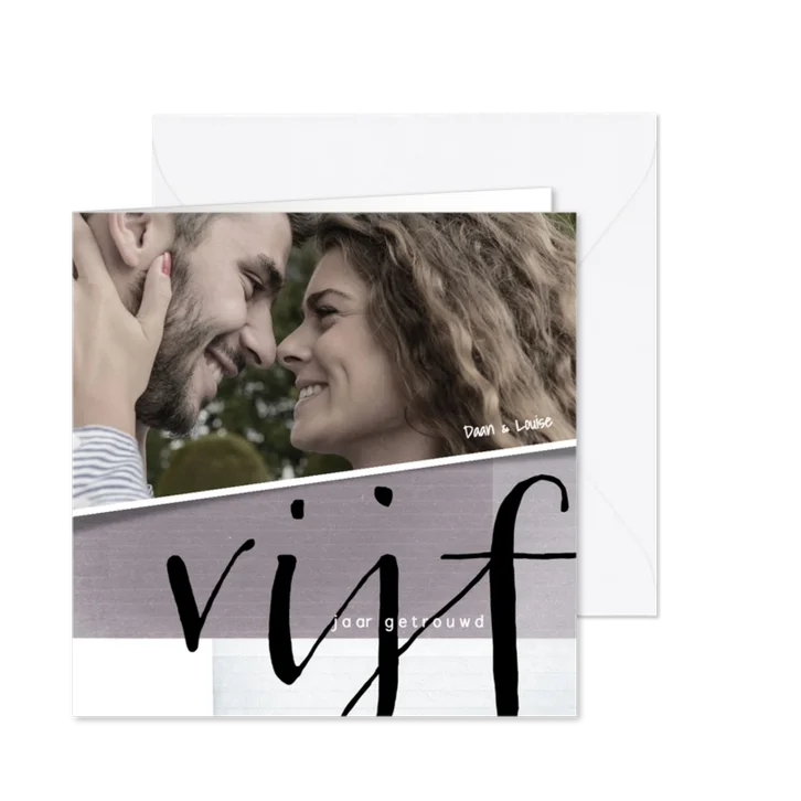 Jubileumkaart 5 jaar getrouwd met foto en leuke typografie
