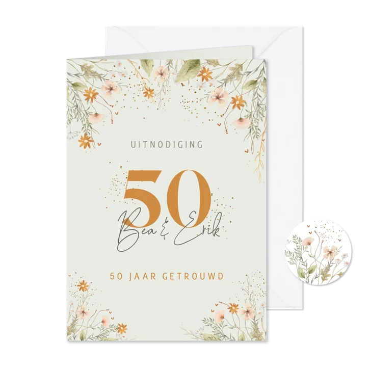 Jubileumkaart 50 bloemen met glitters