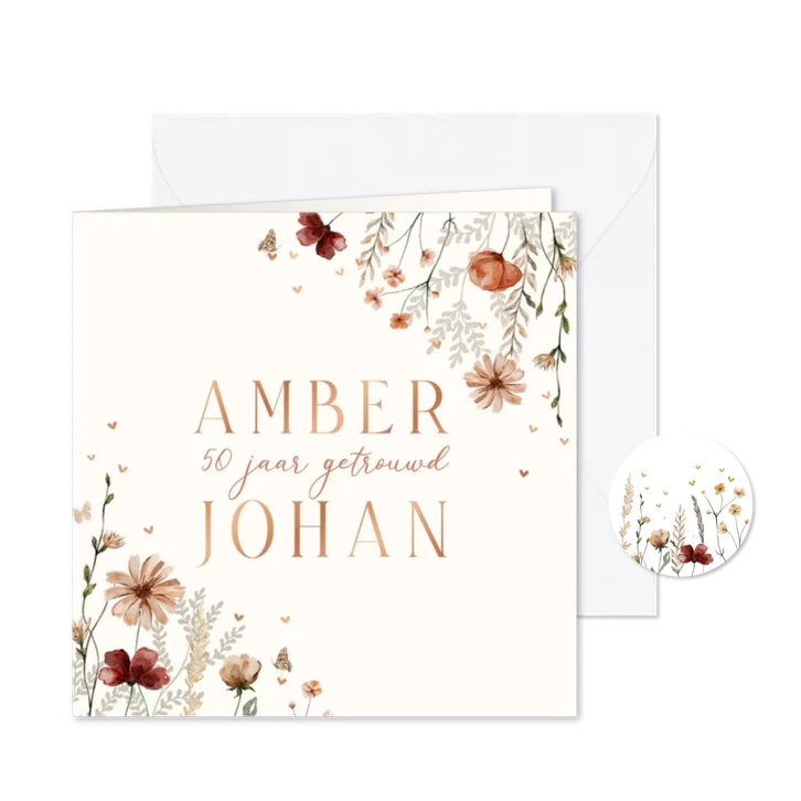 Jubileumkaart 50 jaar bloemen en hartjes