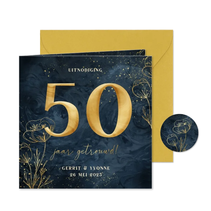 Jubileumkaart 50 jaar donkerblauw met goudfolie bloemen