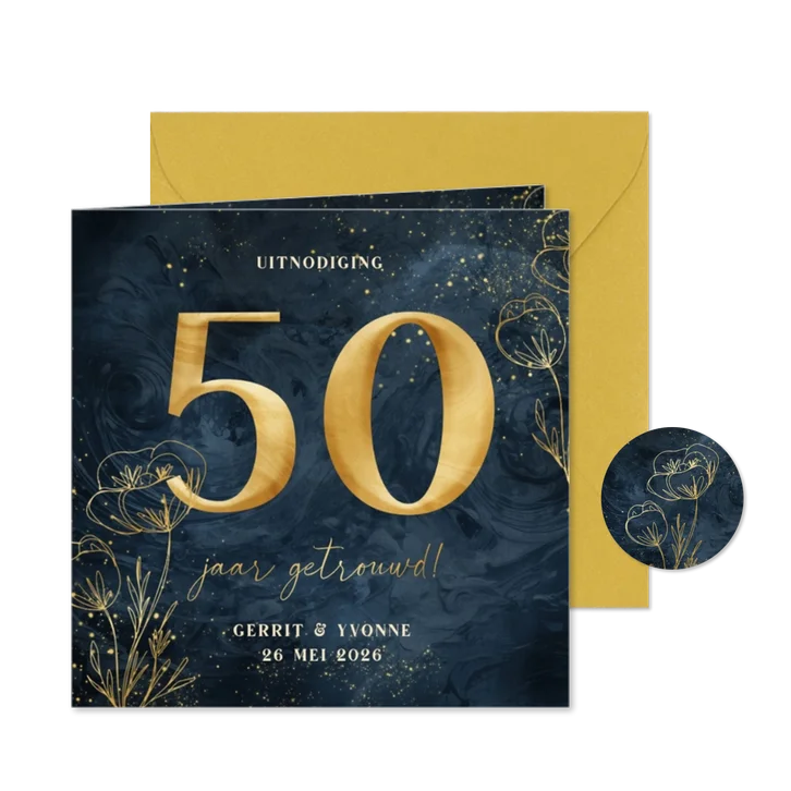 Jubileumkaart 50 jaar donkerblauw met goudfolie bloemen